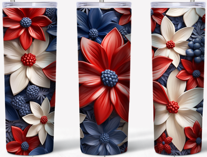 3D Red, White and Blue Flowers 20oz Tumbler