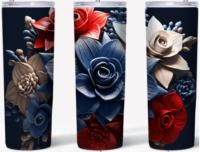 3D Red, White and Blue Flowers 20oz Tumbler