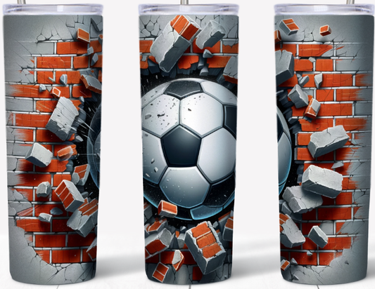 3D inflated Soccer ball breaking through brick wall 20oz Tumbler