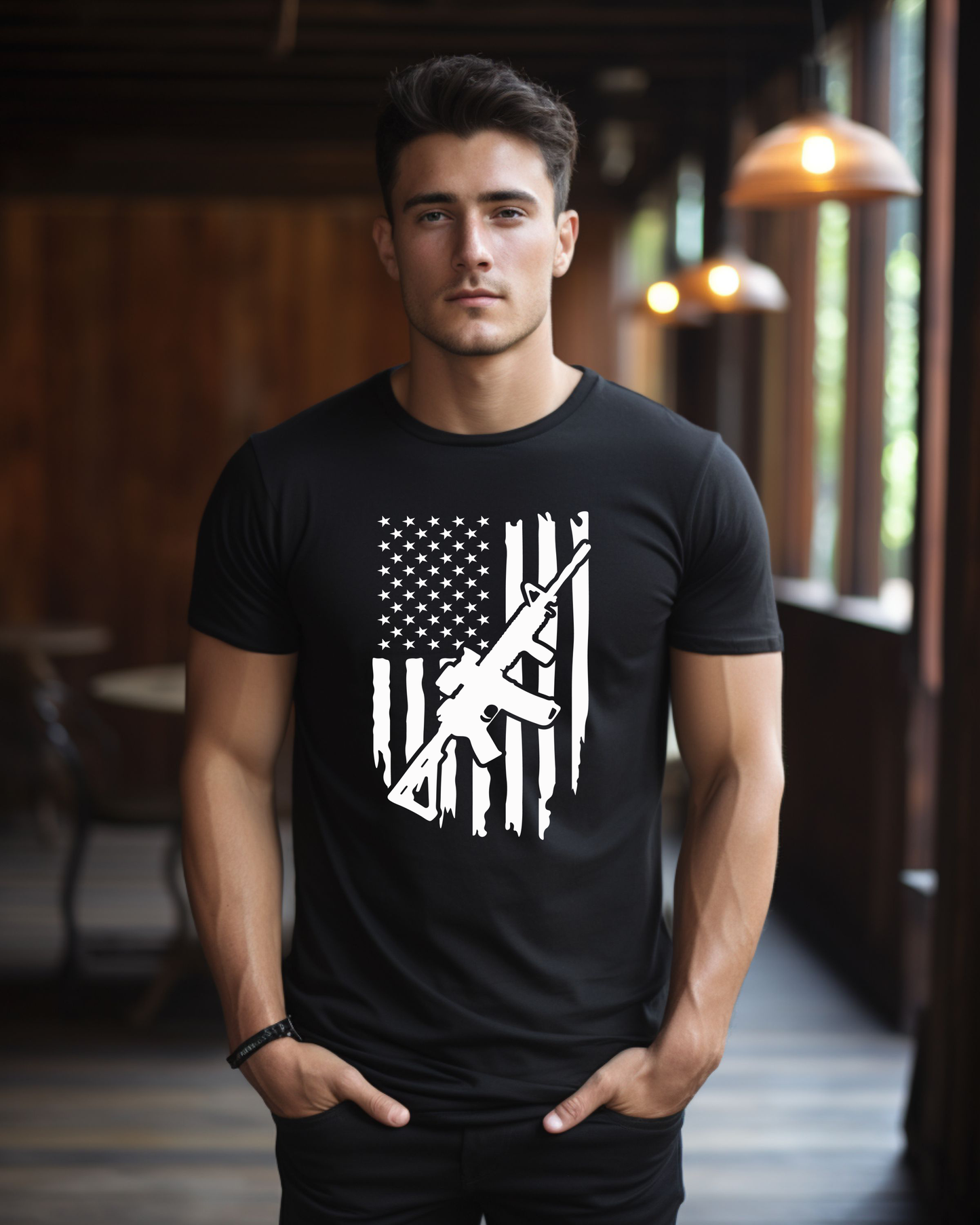 AR-15 and American Flag with floating stars T-shirt