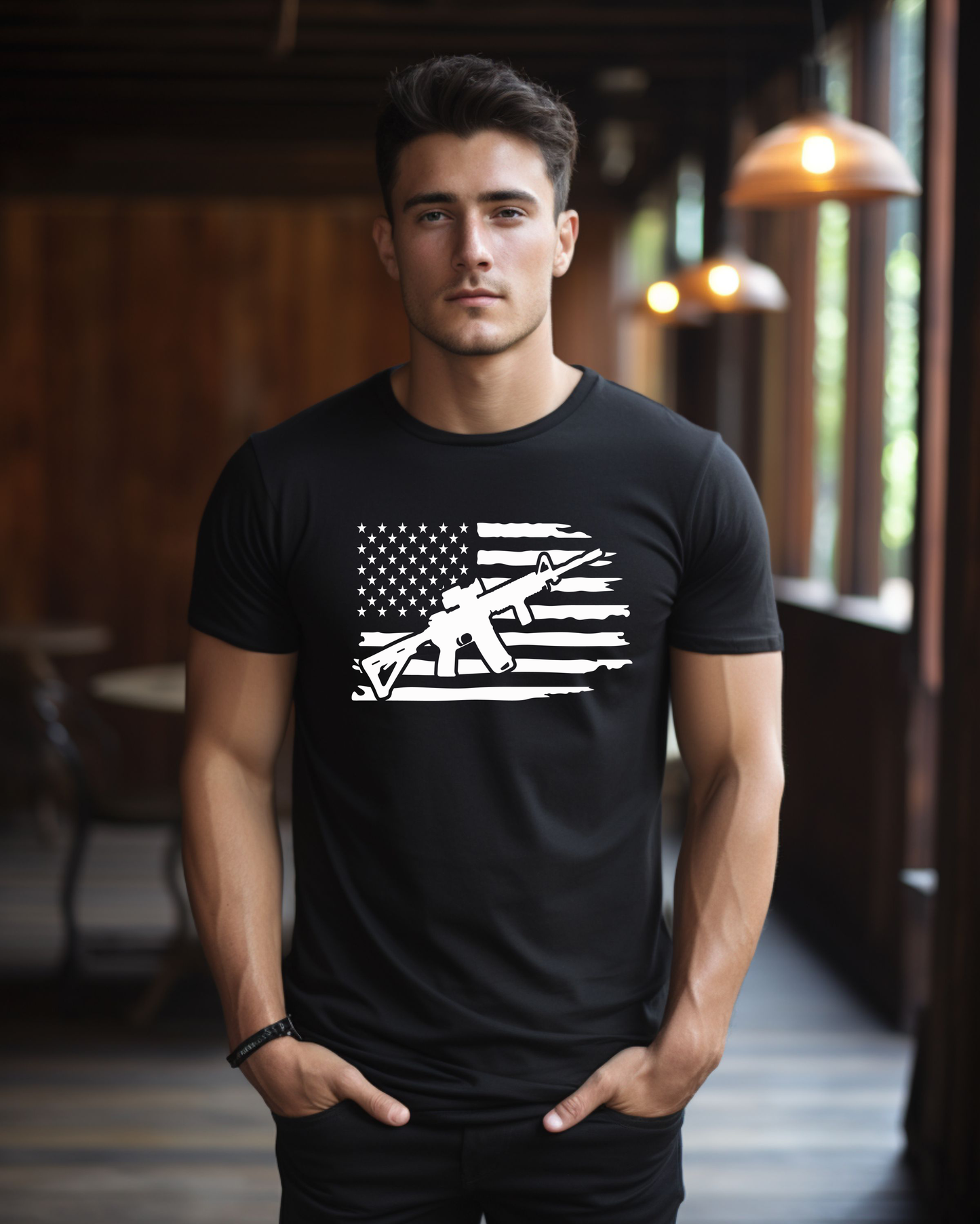 AR-15 with Tattered Flag with floating stars T-shirt