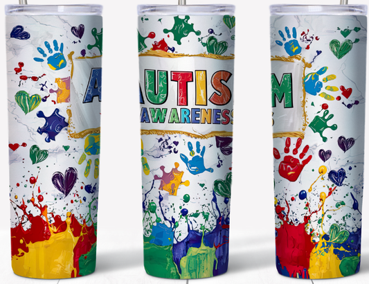 Autism Awareness colorful hearts, hands and puzzles 20oz Tumbler