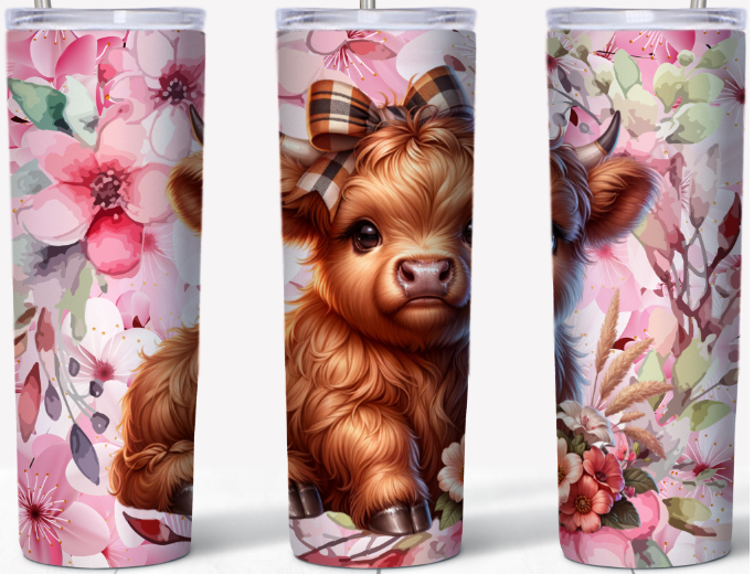 Baby Highland Cow with Brown Plaid Bow 20oz Tumbler