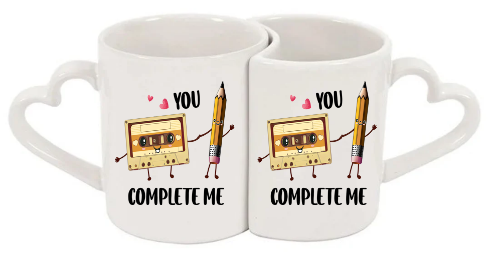 Cassette and Pencil You Complete Me Heart Handle Love Mug Set – 11oz