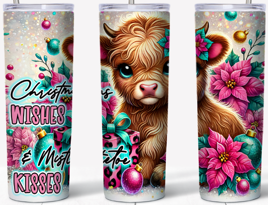 Christmas Wishes and Mistletoe Kisses Highland cow 20oz Tumbler