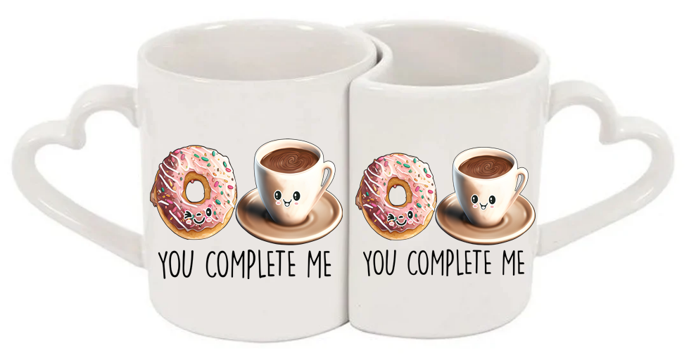 Coffee and Donut You Complete Me Heart Handle Love Mug Set – 11oz