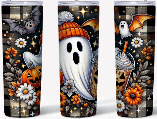 Cute Halloween Ghost on Buffalo Plaid Background 20oz Tumbler