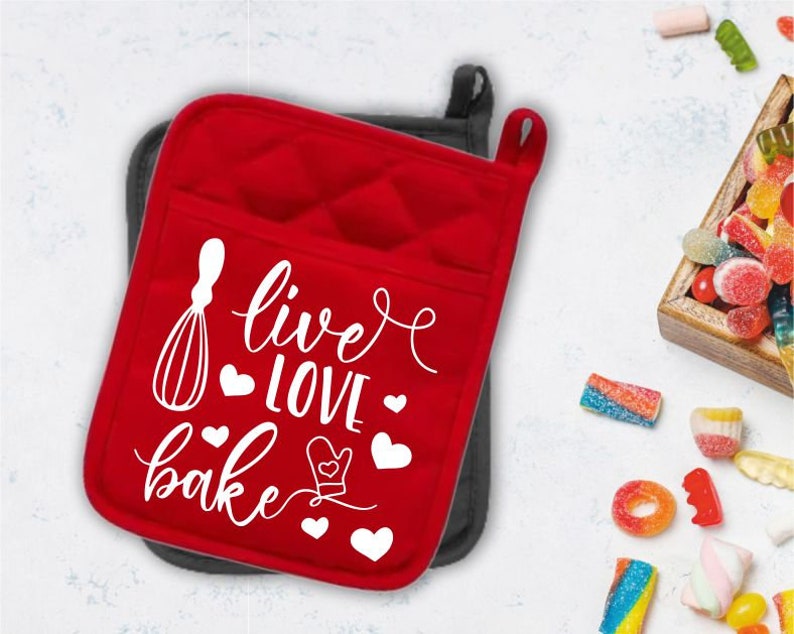 Live, Love, Bake with Whisk and Hearts Potholder