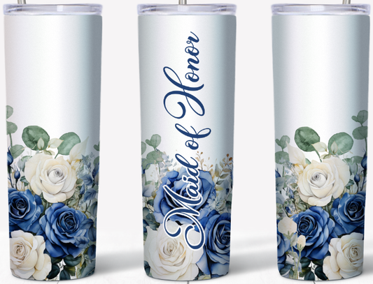 Maid of Honor Blue and White Roses 20oz Tumbler