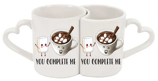 Marshmallow and Hot Cocoa You Complete Me Heart Handle Love Mug Set – 11oz