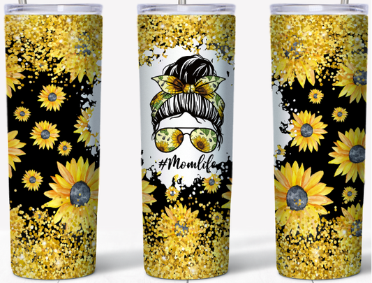 #MomLife Sunflowers Black background 20oz Tumbler