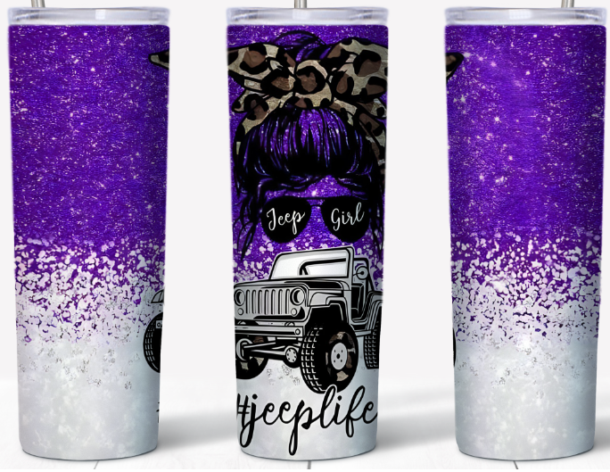 Purple and Silver Messy Bun Leopard Truck Girl 20oz Tumbler