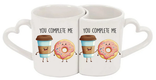 Smiling Coffee and Donut You Complete Me Heart Handle Love Mug Set – 11oz