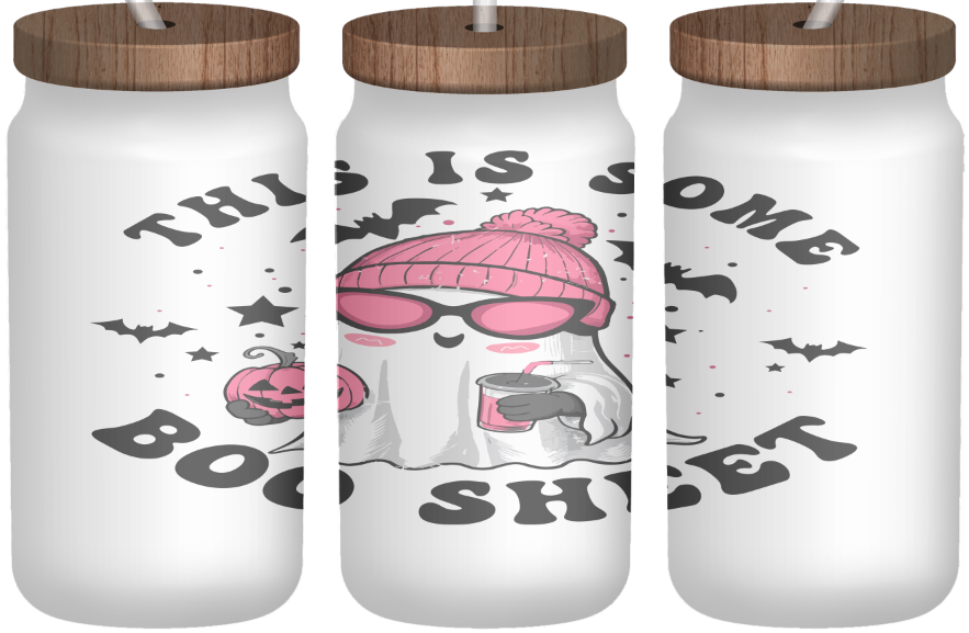 This is some boo sheet Black and Pink 16oz frosted glass can