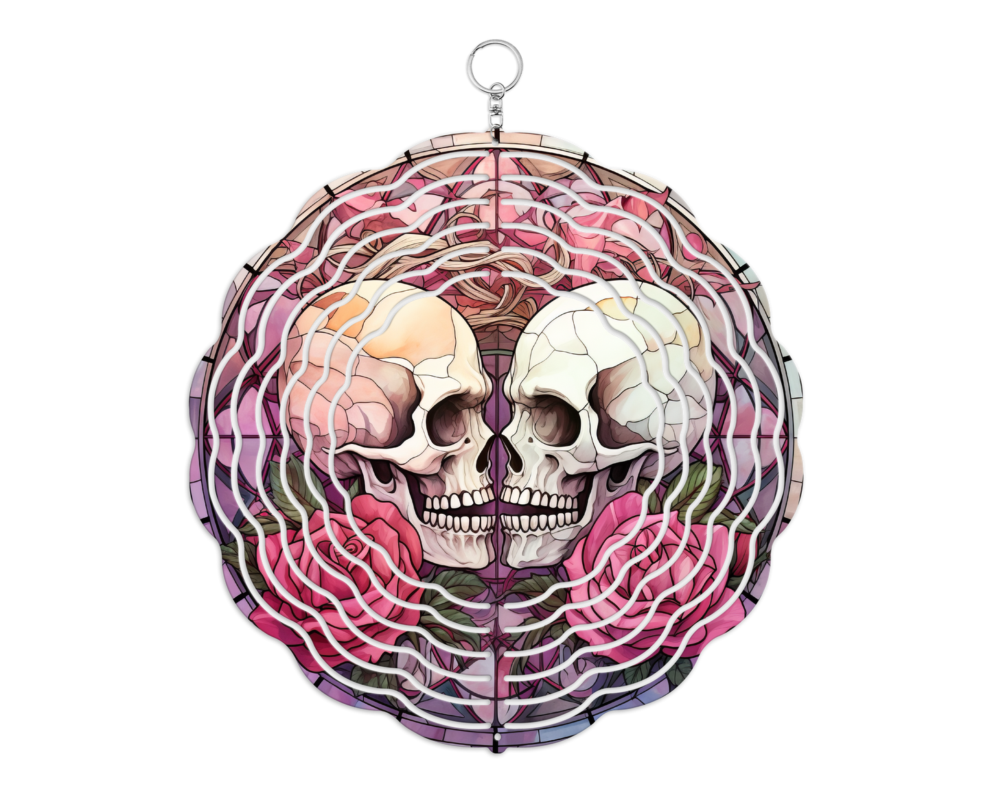 Two Faced Stain Glass Skulls 8" Wind Spinner