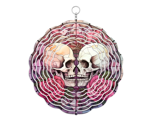 Two Faced Stain Glass Skulls 8" Wind Spinner