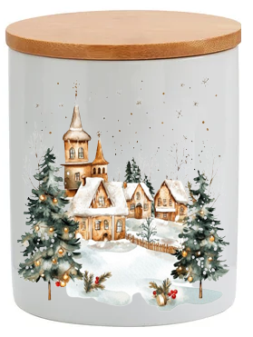 Watercolor Snow covered Church 11oz Ceramic Candle Jar with Bamboo Lid